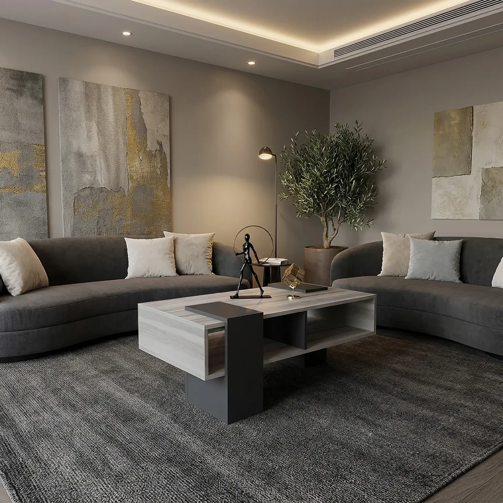 طاولة وسط رمادي بدرجتين مع رف داخلي