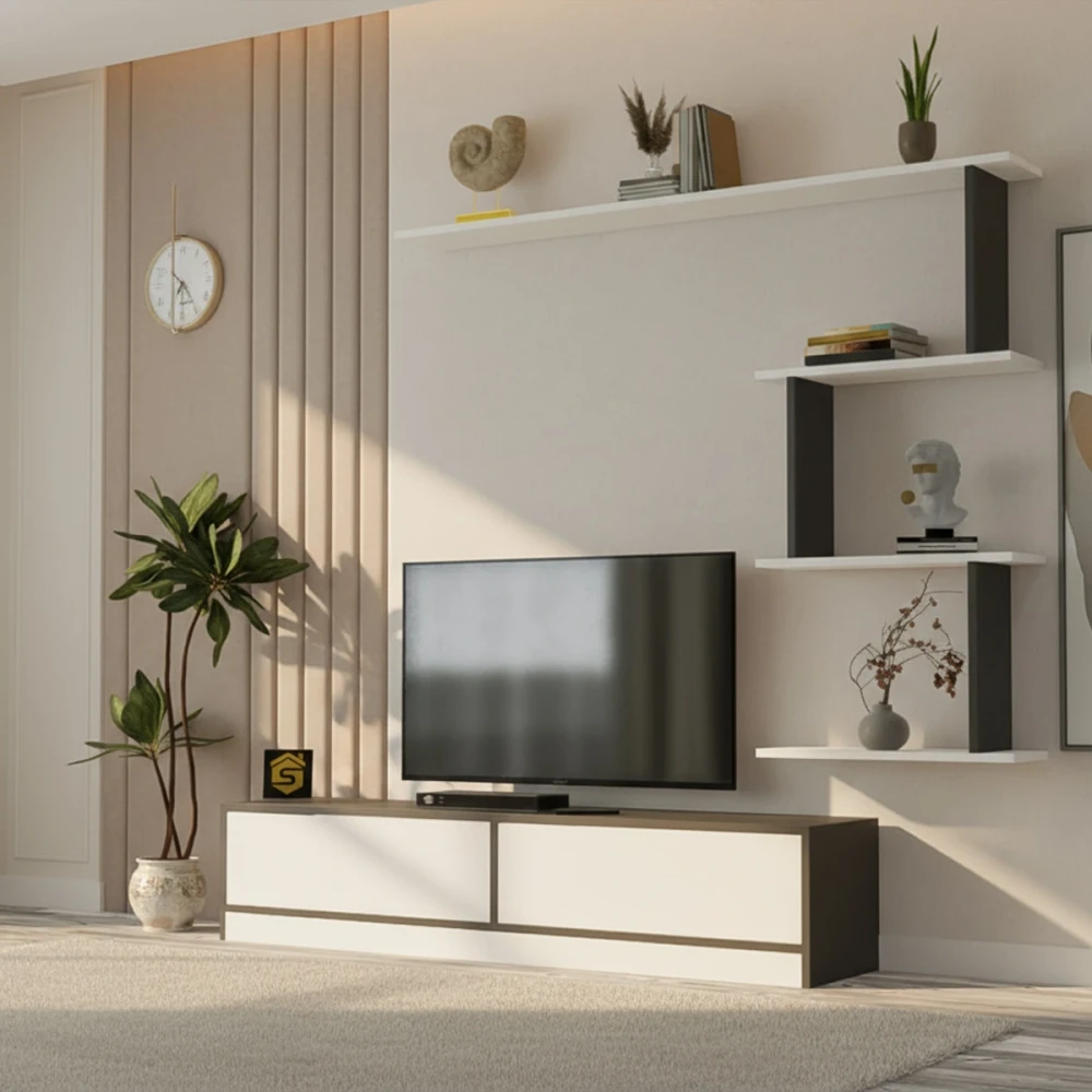 طاولة تلفزيون عصريه لون أبيض مع رمادي 188