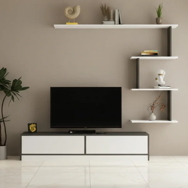 طاولة تلفزيون عصريه لون أبيض مع رمادي 188