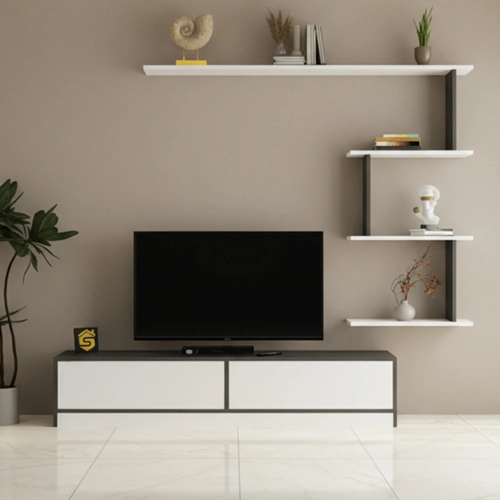 طاولة تلفزيون عصريه لون أبيض مع رمادي 188