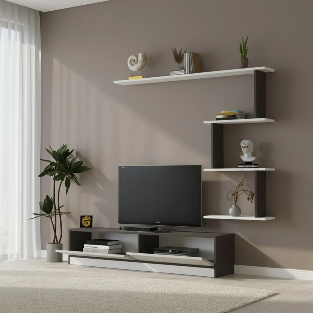 طاولة تلفزيون عصريه لون أبيض مع رمادي 188