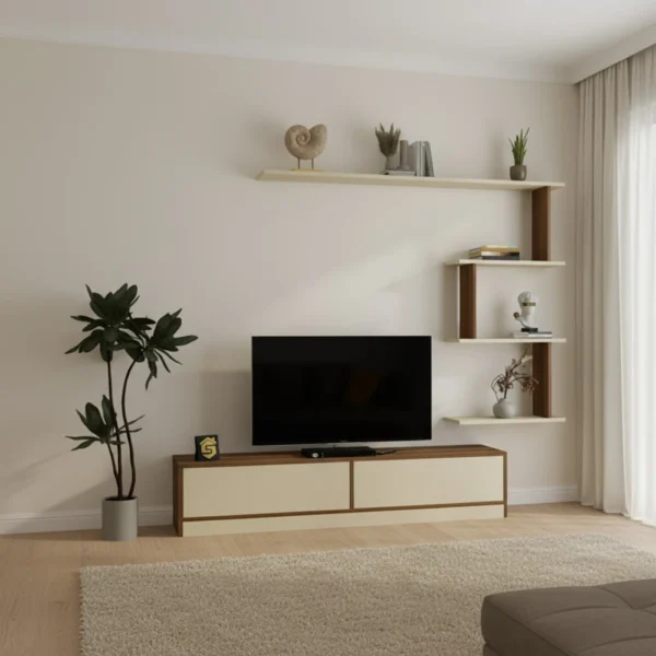 طاولة تلفزيون عصريه لون بيج مع بني 189