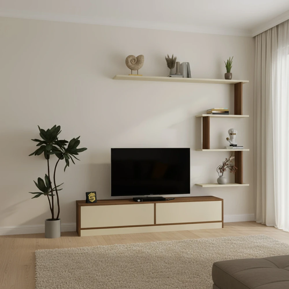 طاولة تلفزيون عصريه لون بيج مع بني 189