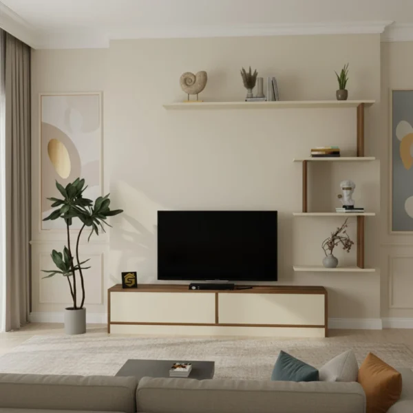 طاولة تلفزيون عصريه لون بيج مع بني 189