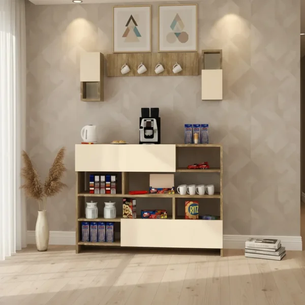 ركن قهوة بيج مع خشبي مع وحدات أرفف 316