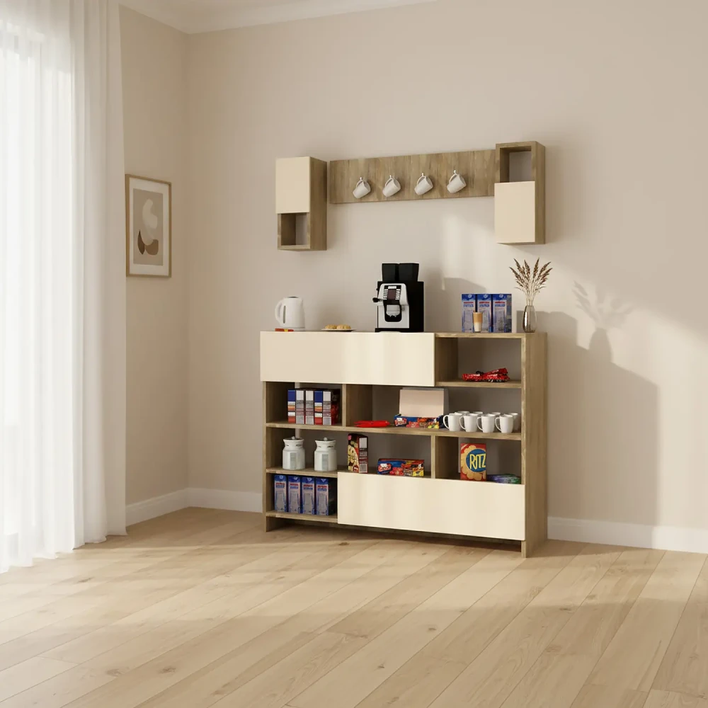 ركن قهوة بيج مع خشبي مع وحدات أرفف 316