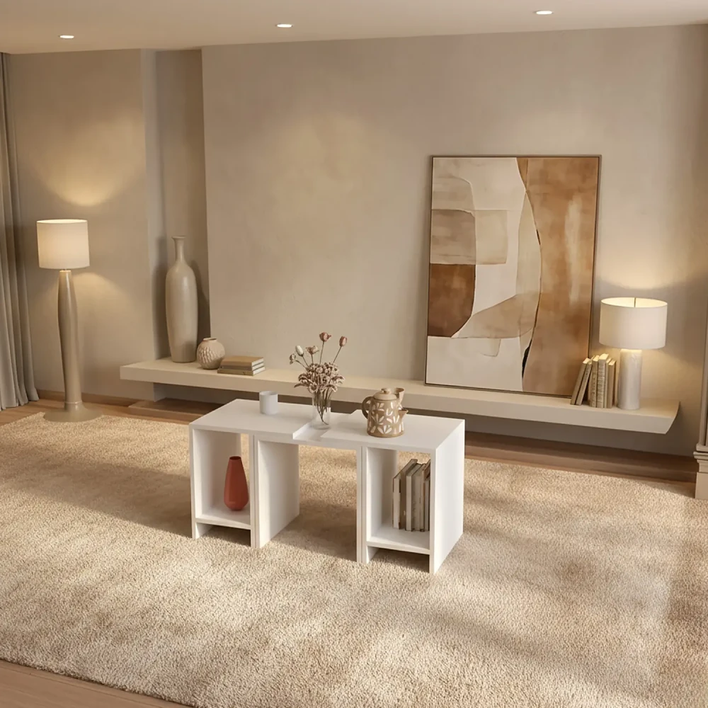 طاولة قهوة مودرن قابلة للتعديل 3 قطع لون أبيض