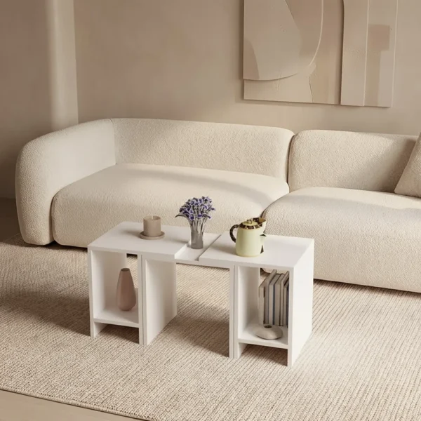 طاولة قهوة مودرن قابلة للتعديل 3 قطع لون أبيض