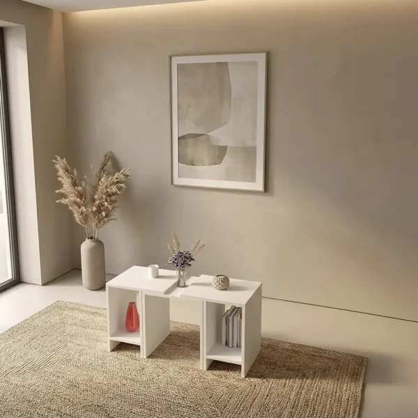 طاولة قهوة مودرن قابلة للتعديل 3 قطع لون أبيض