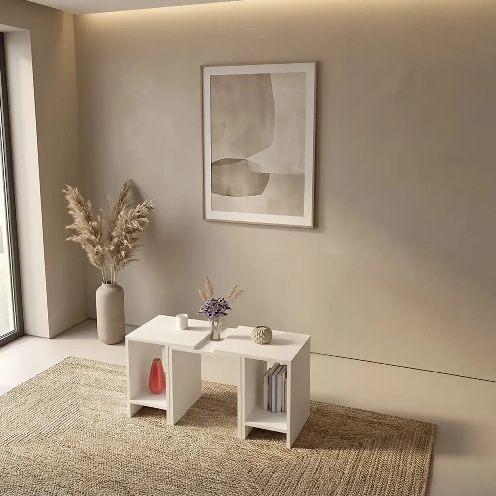 طاولة قهوة مودرن قابلة للتعديل 3 قطع لون أبيض