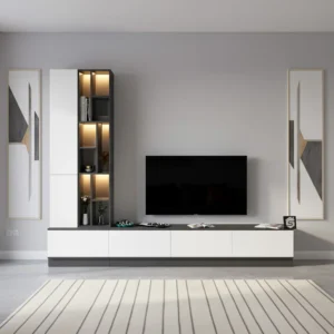 مكتبة تلفاز كبيرة أبيض مع رمادي بالاضاءة 07