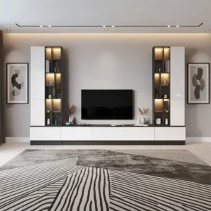 مكتبة تلفاز كبيرة أبيض مع رمادي بالاضاءة 07