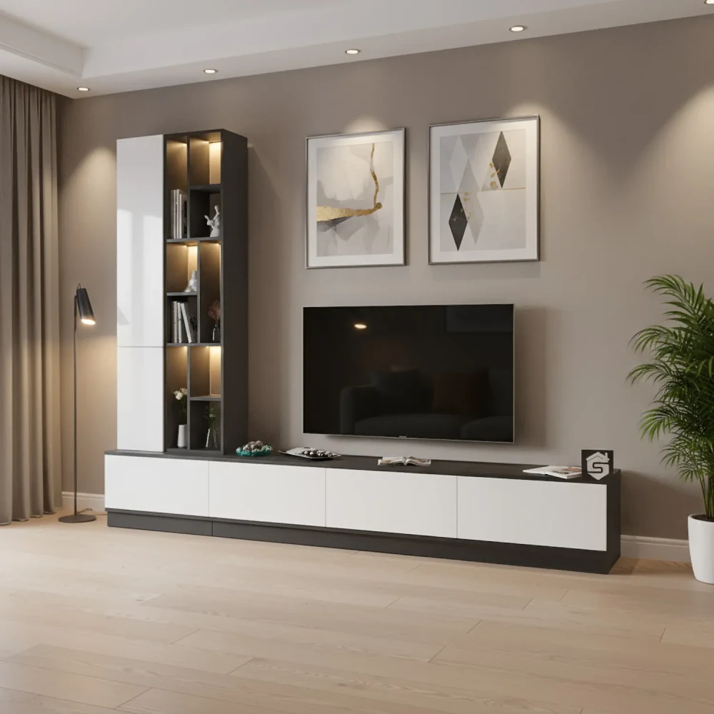 مكتبة تلفاز كبيرة أبيض مع رمادي بالاضاءة 07