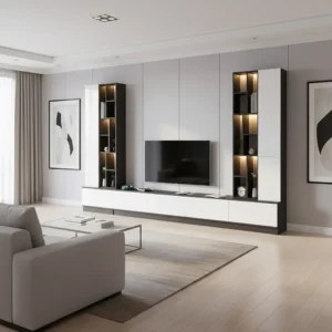 مكتبة تلفاز كبيرة أبيض مع رمادي بالاضاءة 07