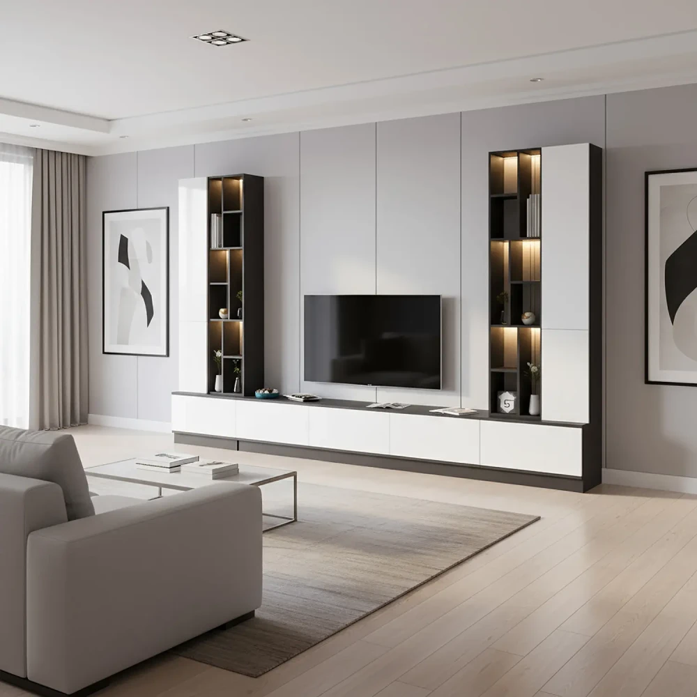 مكتبة تلفاز كبيرة أبيض مع رمادي بالاضاءة 07