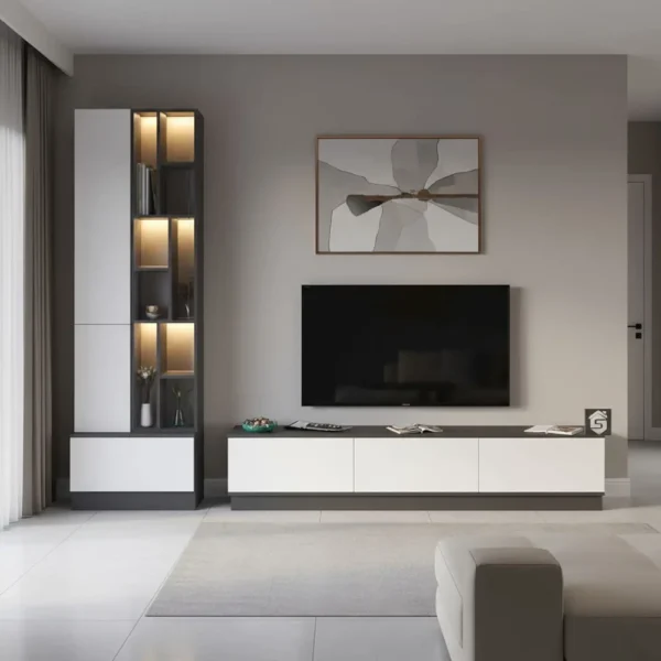 مكتبة تلفاز كبيرة أبيض مع رمادي بالاضاءة 07