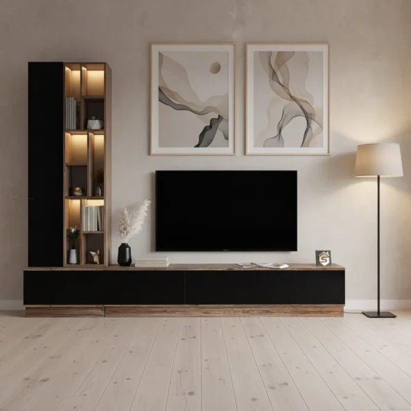 مكتبة شاشة اسود مع بني بالأضاءة 05