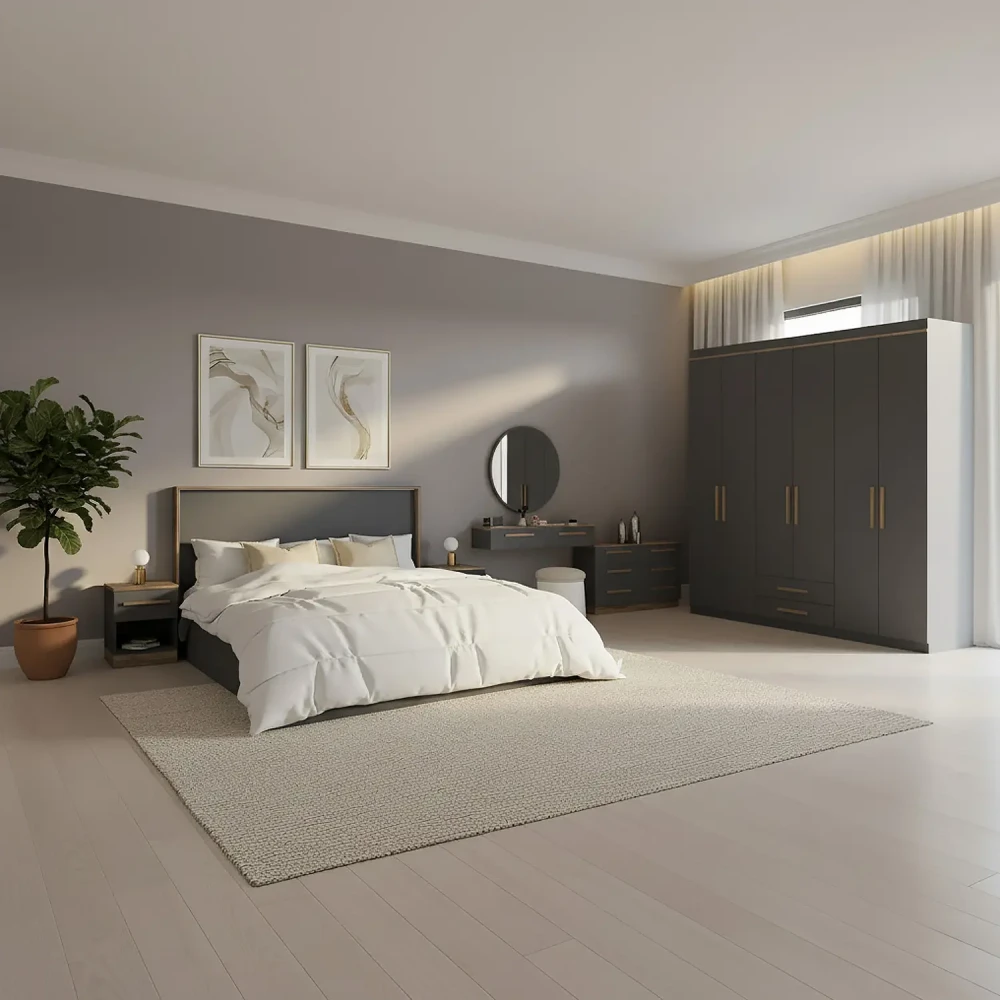 غرفة نوم كاملة لون رمادي و بني 099