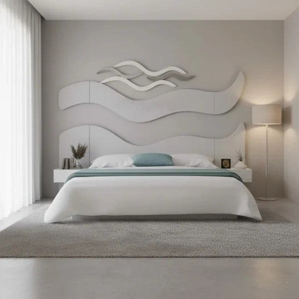 طقم سرير 200×200 مودرن بديكور جداري و2 طاولة جانبية لون أبيض