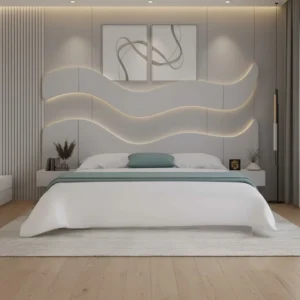 طقم سرير 200×200 مودرن بديكور جداري و2 طاولة جانبية لون أبيض