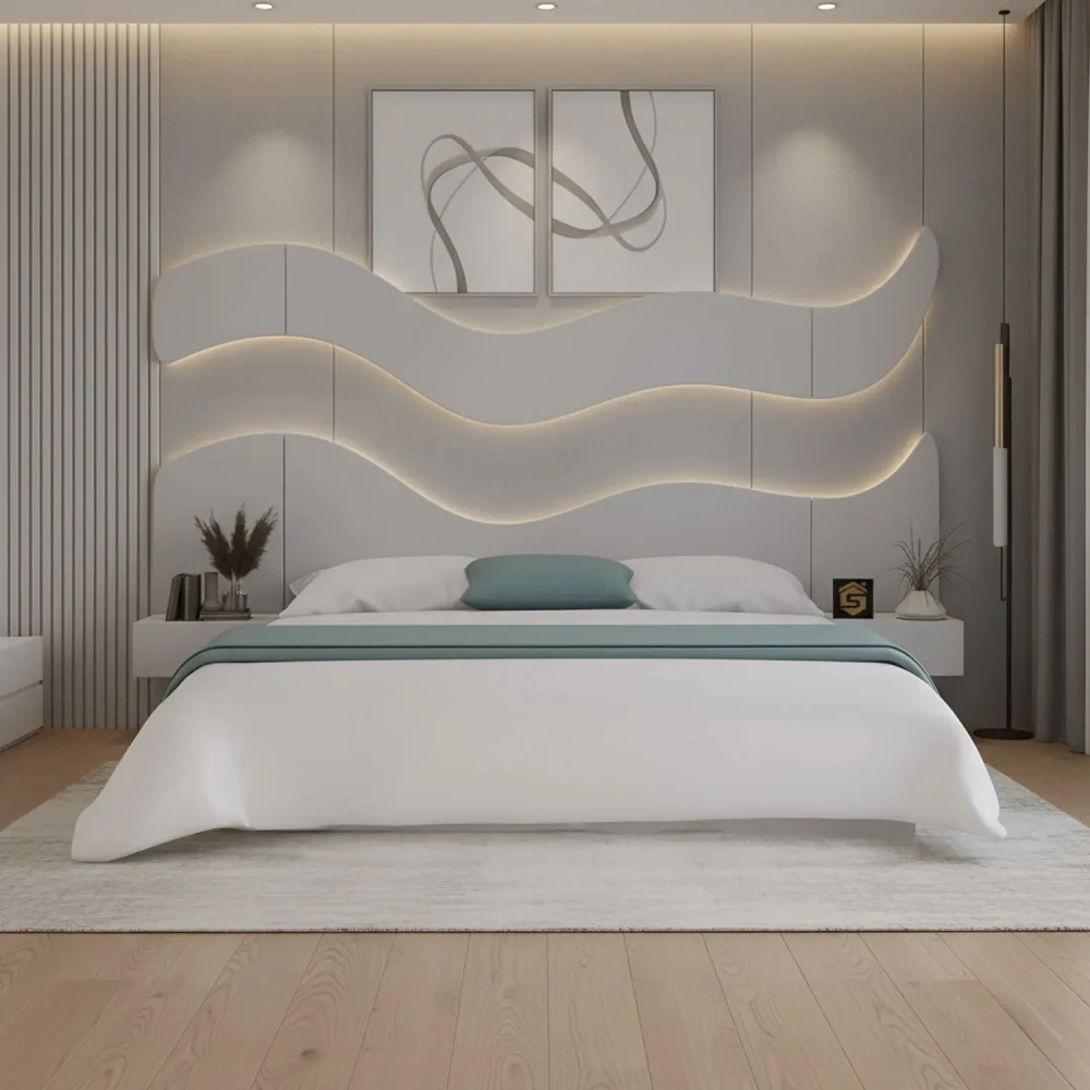 طقم سرير 200×200 مودرن بديكور جداري و2 طاولة جانبية لون أبيض