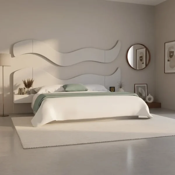 طقم سرير 200×200 مودرن بديكور جداري و2 طاولة جانبية لون أبيض