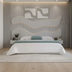 طقم سرير 200×200 مودرن بديكور جداري و2 طاولة جانبية لون أبيض