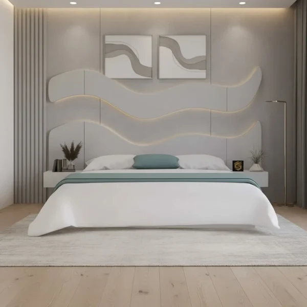 طقم سرير 200×200 مودرن بديكور جداري و2 طاولة جانبية لون أبيض