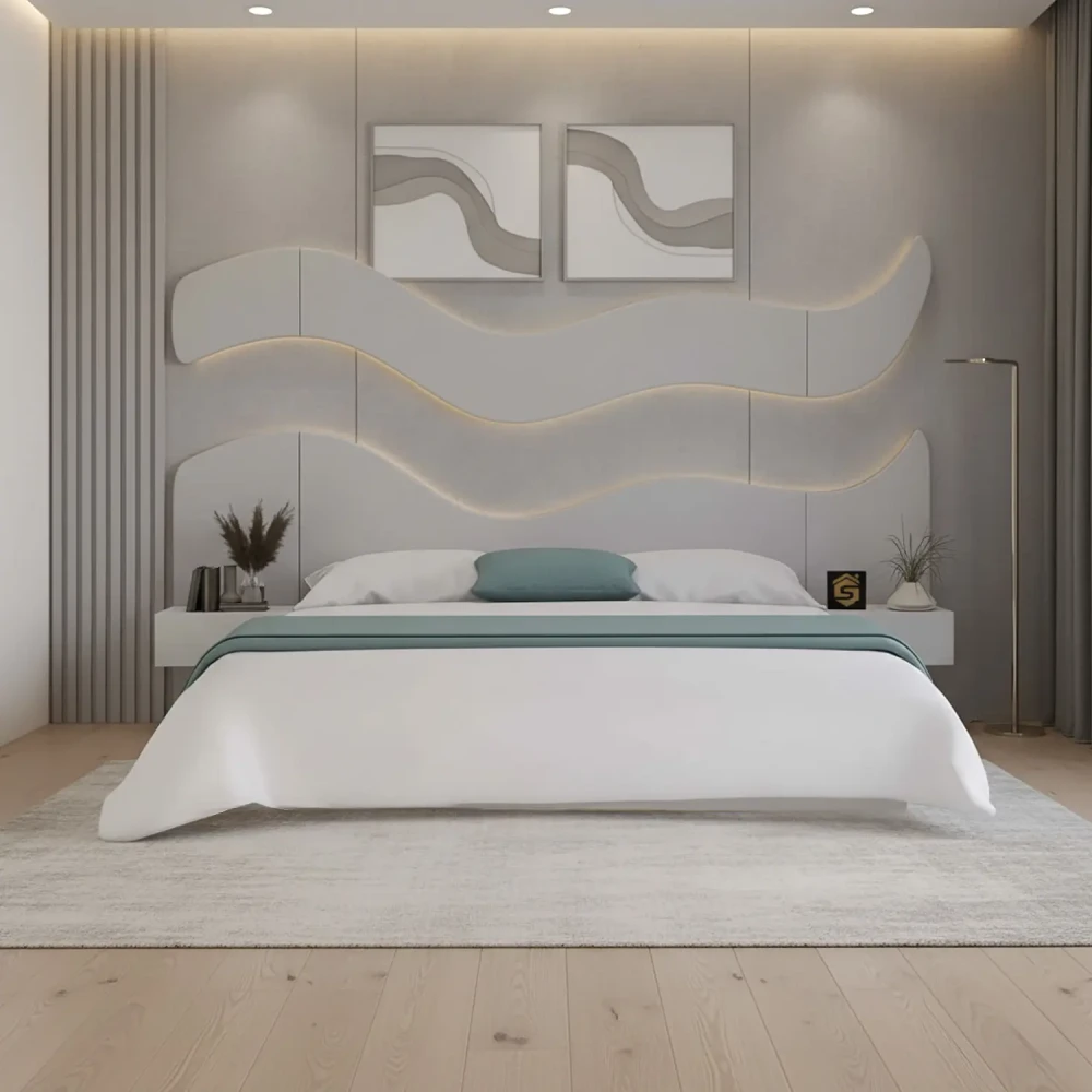 طقم سرير 200×200 مودرن بديكور جداري و2 طاولة جانبية لون أبيض