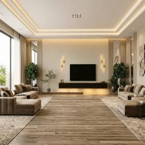 إضاءة LED دافئة مدمجة أسفل طاولة تلفزيون جدارية معلقة