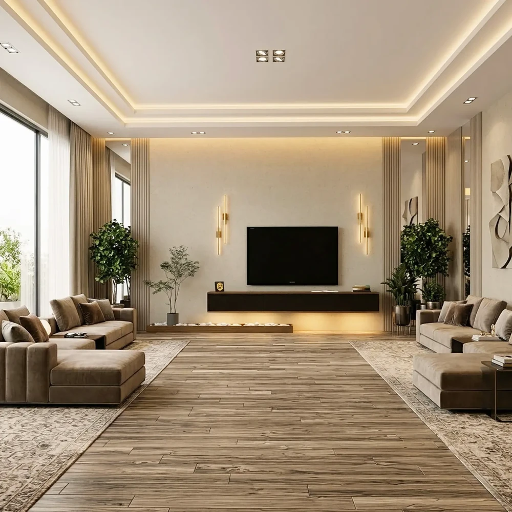 إضاءة LED دافئة مدمجة أسفل طاولة تلفزيون جدارية معلقة